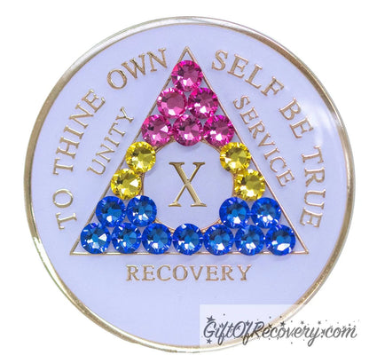 Sobriety Chip AA Pansexual Bling Crystallized White Triplate 10