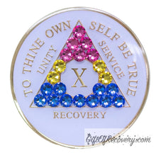 Load image into Gallery viewer, Sobriety Chip AA Pansexual Bling Crystallized White Triplate 10
