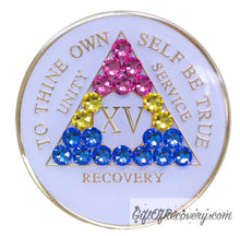 Load image into Gallery viewer, Sobriety Chip AA Pansexual Bling Crystallized White Triplate 15

