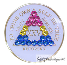 Load image into Gallery viewer, Sobriety Chip AA Pansexual Bling Crystallized White Triplate 25
