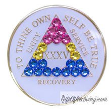 Load image into Gallery viewer, Sobriety Chip AA Pansexual Bling Crystallized White Triplate 35

