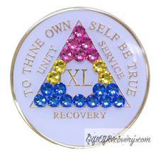 Load image into Gallery viewer, Sobriety Chip AA Pansexual Bling Crystallized White Triplate 40
