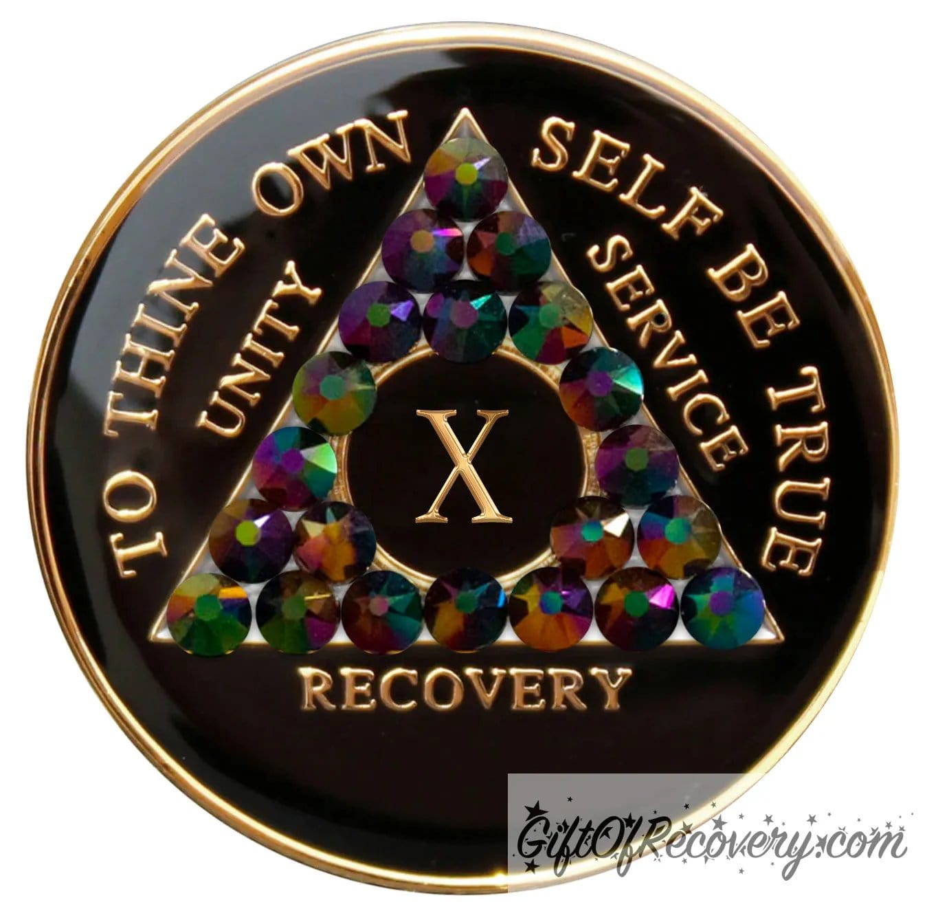 10 year black onyx AA recovery medallion, with 21 genuine peacock crystals, symbolizing the beauty and diversity of recovery journeys, the AA medallion has; to thine own self be true, unity, service, recovery, roman numeral, and the rim, embossed with 14k gold and sealed with resin for a glossy finish.
