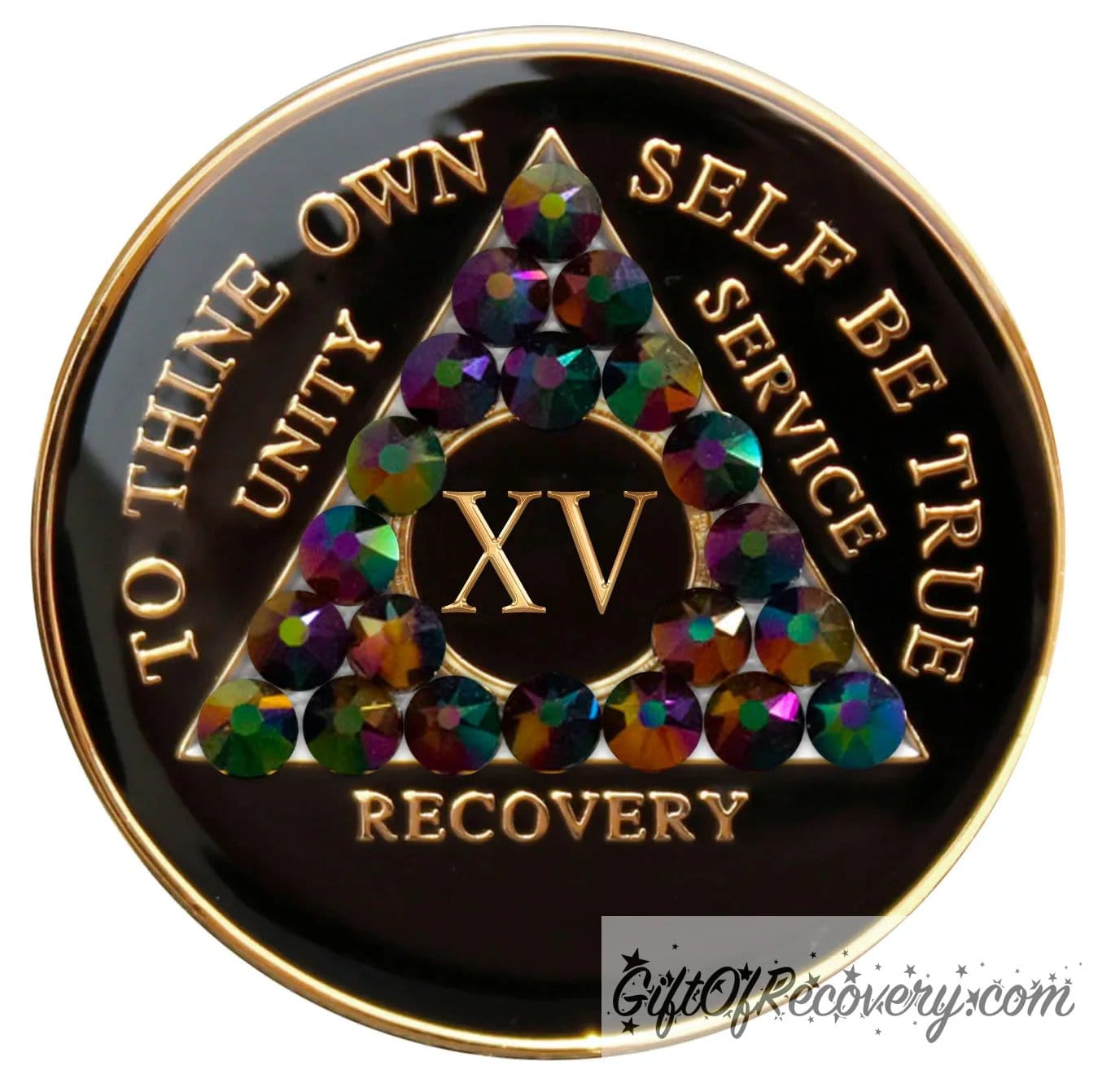 15 year black onyx AA recovery medallion, with 21 genuine peacock crystals, symbolizing the beauty and diversity of recovery journeys, the AA medallion has; to thine own self be true, unity, service, recovery, roman numeral, and the rim, embossed with 14k gold and sealed with resin for a glossy finish.