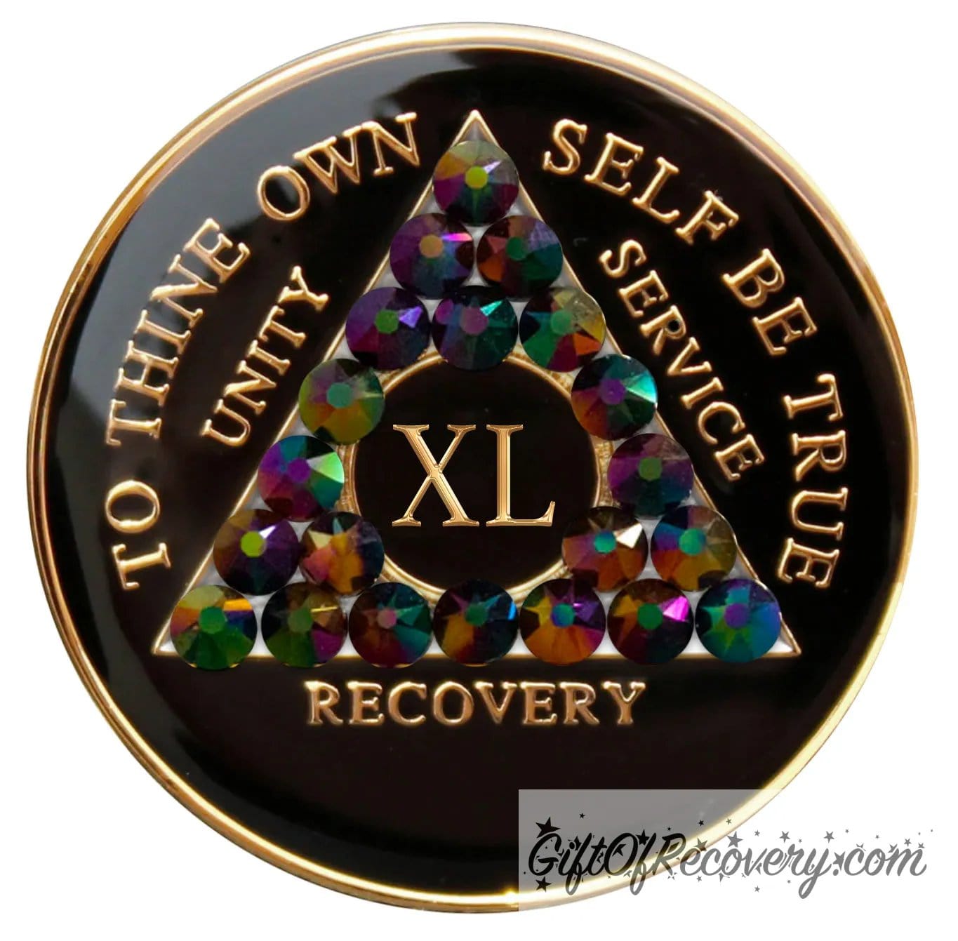40 year black onyx AA recovery medallion, with 21 genuine peacock crystals, symbolizing the beauty and diversity of recovery journeys, the AA medallion has; to thine own self be true, unity, service, recovery, roman numeral, and the rim, embossed with 14k gold and sealed with resin for a glossy finish.