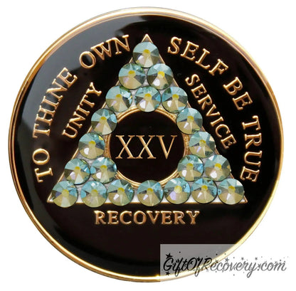 25 year AA medallion Black onyx, with 21 genuine Peridot AB crystals in the shape of the triangle, to thine own self be true, unity, service, recovery, and the roman numeral, are embossed with 14k gold-plated brass, the recovery medallion is sealed with resin for a glossy finish that lasts and is scratch proof.
