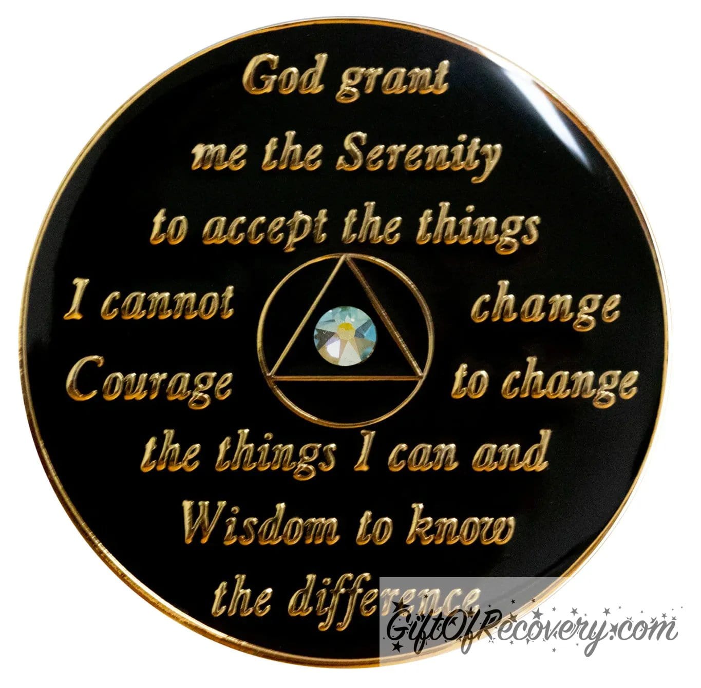 Back of AA recovery medallion is black onyx and has the serenity prayer, outer rim, and the circle triangle in the center embossed with 14k gold-plated brass, the circle in the middle is black and the triangle is black onyx with a single Peridot AB genuine crystal, AA medallion is sealed in resin for a glossy finish.