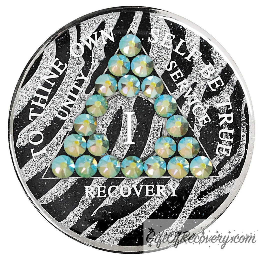 Sobriety Chip AA Peridot Ab Bling Crystallized Glitter Zebra Triplate 1 Year