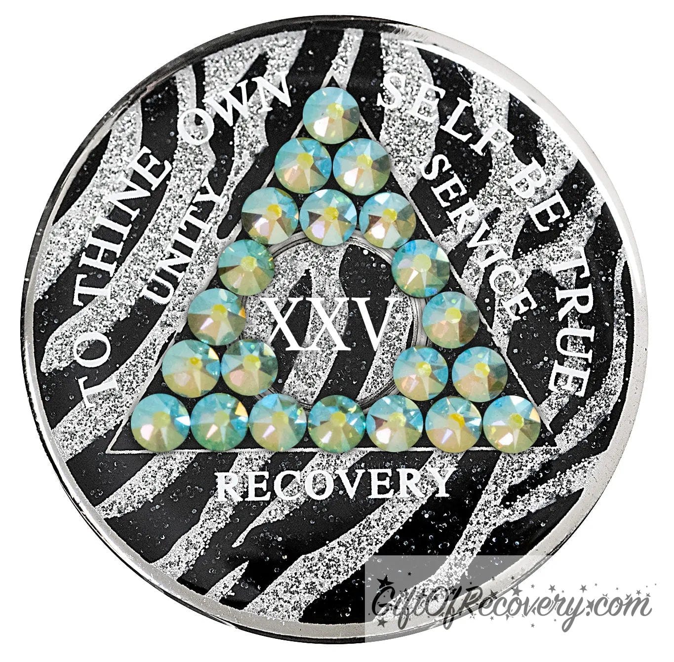 25 year Zebra glitter style AA medallion with 21 genuine peridot crystals, AA moto, unity, service, recovery, and roman numeral are in white and blend into the pattern, so you can let your recovery shine, not your time, the outer rim is silver plated, sealed in a high-quality, chip and scratch-resistant resin dome giving it a beautiful glossy look that will last.