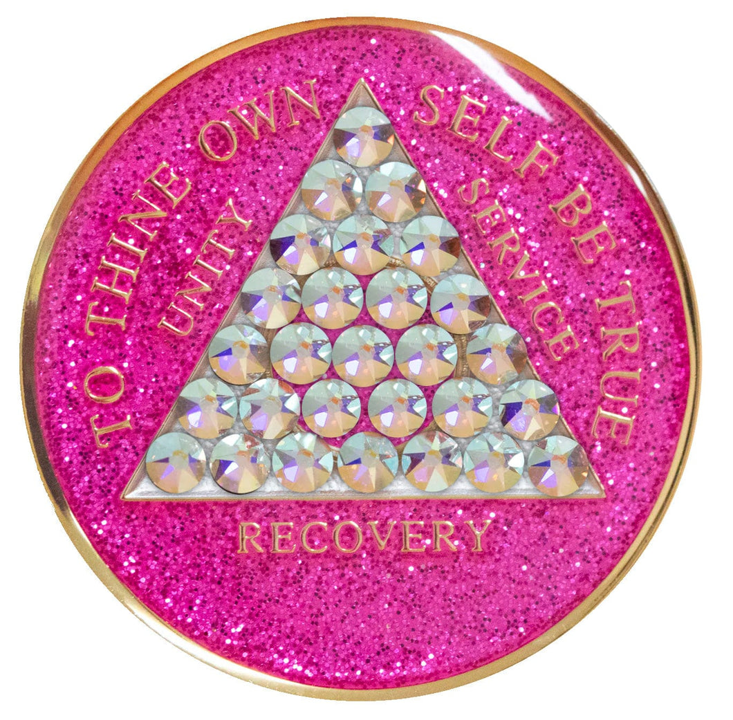 Sobriety Chip AA Pink Glitter Timeless Triplate