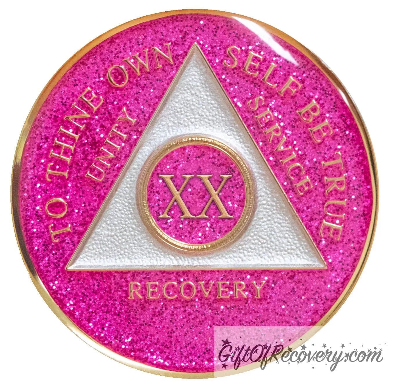 Sobriety Chip AA Pink Glitter Triplate 20 Years