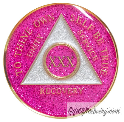 Sobriety Chip AA Pink Glitter Triplate 30 Years