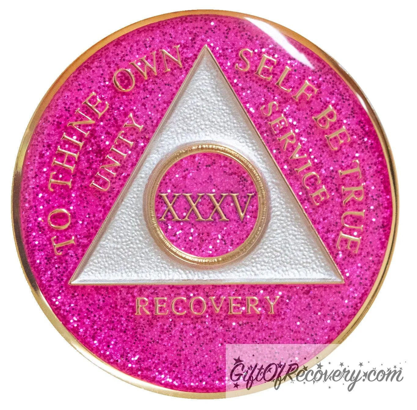 Sobriety Chip AA Pink Glitter Triplate 35 Years