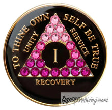 Load image into Gallery viewer, Sobriety Chip AA Pink Transition Bling Crystallized Black Triplate 1 Year

