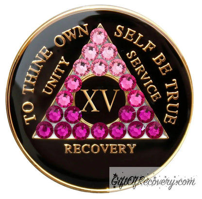 Sobriety Chip AA Pink Transition Bling Crystallized Black Triplate 15 Years