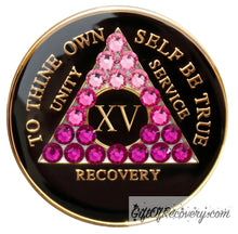 Load image into Gallery viewer, Sobriety Chip AA Pink Transition Bling Crystallized Black Triplate 15 Years
