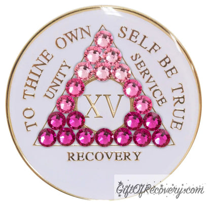 Sobriety Chip AA Pink Transition Bling Crystallized White Triplate 15 Years