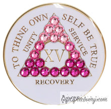 Load image into Gallery viewer, Sobriety Chip AA Pink Transition Bling Crystallized White Triplate 15 Years
