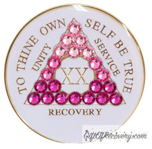 Load image into Gallery viewer, Sobriety Chip AA Pink Transition Bling Crystallized White Triplate 20 Years
