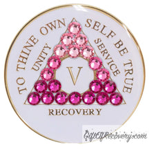 Load image into Gallery viewer, Sobriety Chip AA Pink Transition Bling Crystallized White Triplate 5 Years
