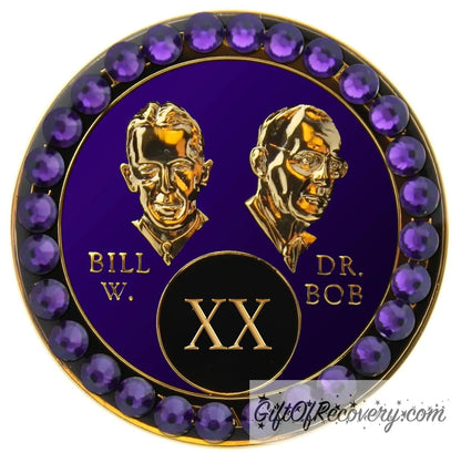 20 year AA Bill & Bob Amethyst purple recovery medallion with 28 genuine purple velvet crystals around the rim, this medallion is to honor our founders and our time, stylized busts of Bill W. and Dr. Bob, with their names, in embossed 14k gold-plated brass, the medallion is sealed with resin for a glossy finish.