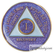 Load image into Gallery viewer, Sobriety Chip AA Purple Glitter Triplate 1 Year
