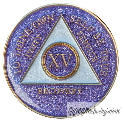 Sobriety Chip AA Purple Glitter Triplate 15 Years