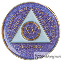 Load image into Gallery viewer, Sobriety Chip AA Purple Glitter Triplate 15 Years

