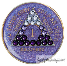 Load image into Gallery viewer, Sobriety Chip AA Purple Transition Bling Crystallized Glitter Purple Triplate 1
