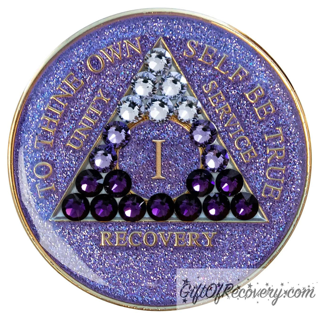 Sobriety Chip AA Purple Transition Bling Crystallized Glitter Purple Triplate 1