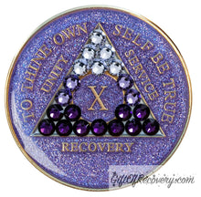 Load image into Gallery viewer, Sobriety Chip AA Purple Transition Bling Crystallized Glitter Purple Triplate 10
