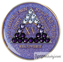 Load image into Gallery viewer, Sobriety Chip AA Purple Transition Bling Crystallized Glitter Purple Triplate 15
