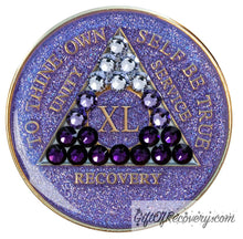 Load image into Gallery viewer, Sobriety Chip AA Purple Transition Bling Crystallized Glitter Purple Triplate 40
