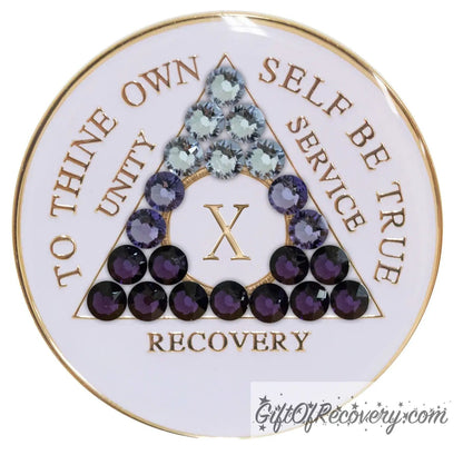 Sobriety Chip AA Purple Transition Bling Crystallized White Triplate 10 Years