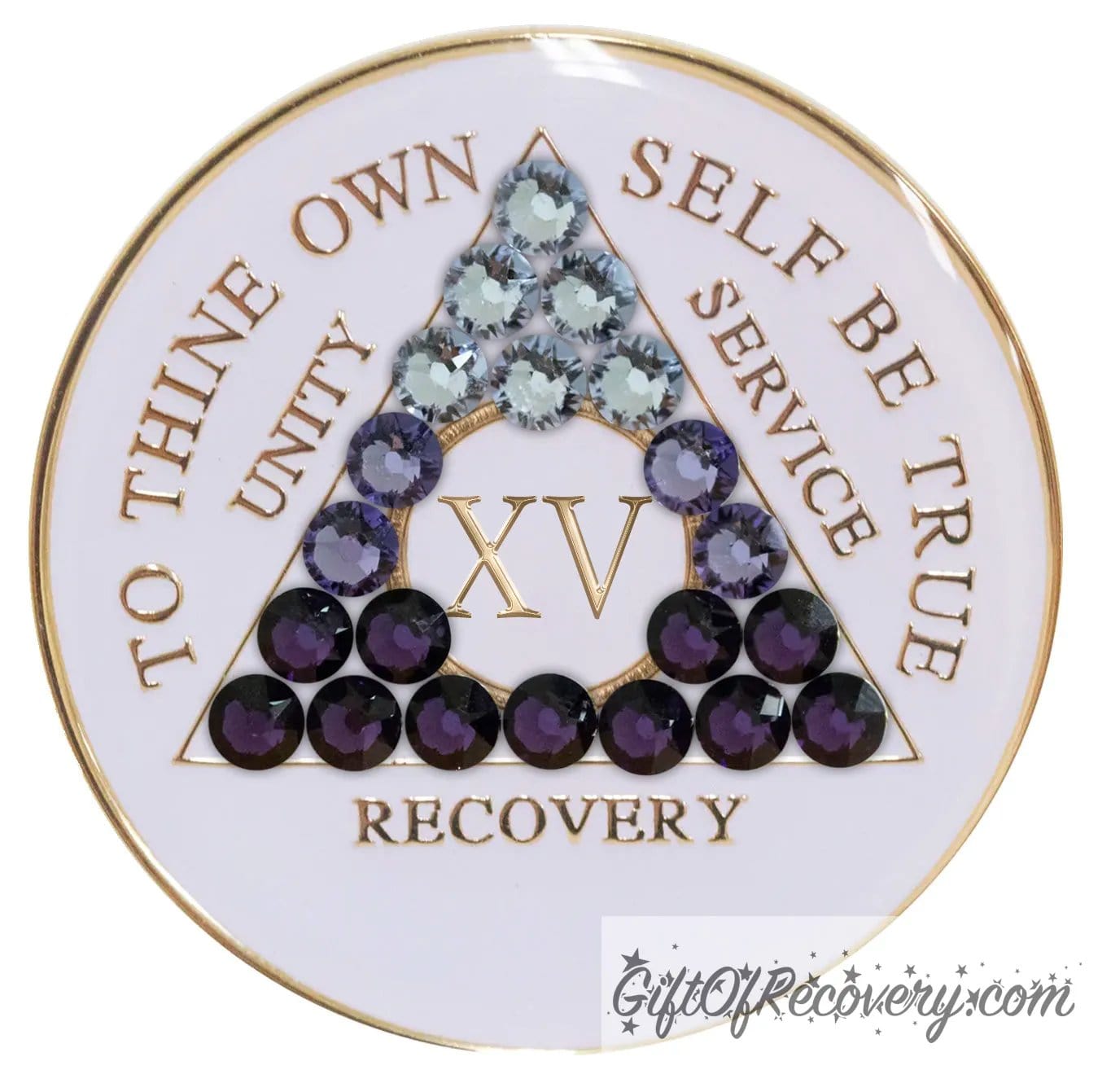 Sobriety Chip AA Purple Transition Bling Crystallized White Triplate 15 Years