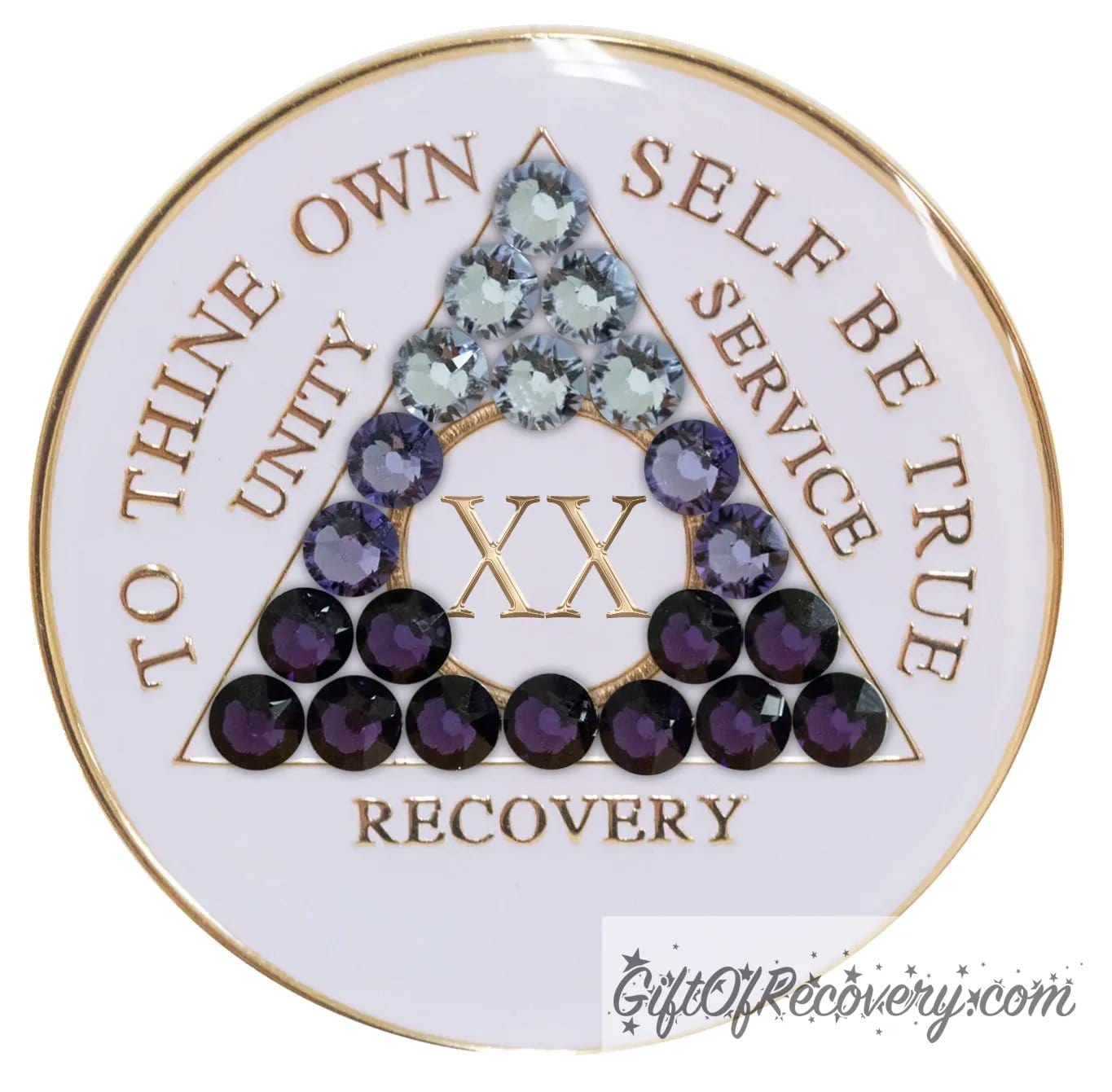 Sobriety Chip AA Purple Transition Bling Crystallized White Triplate 20 Years