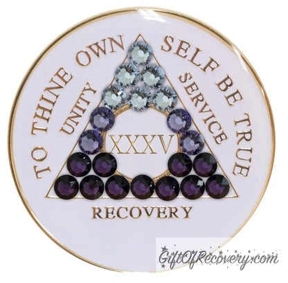 Sobriety Chip AA Purple Transition Bling Crystallized White Triplate 35 Years