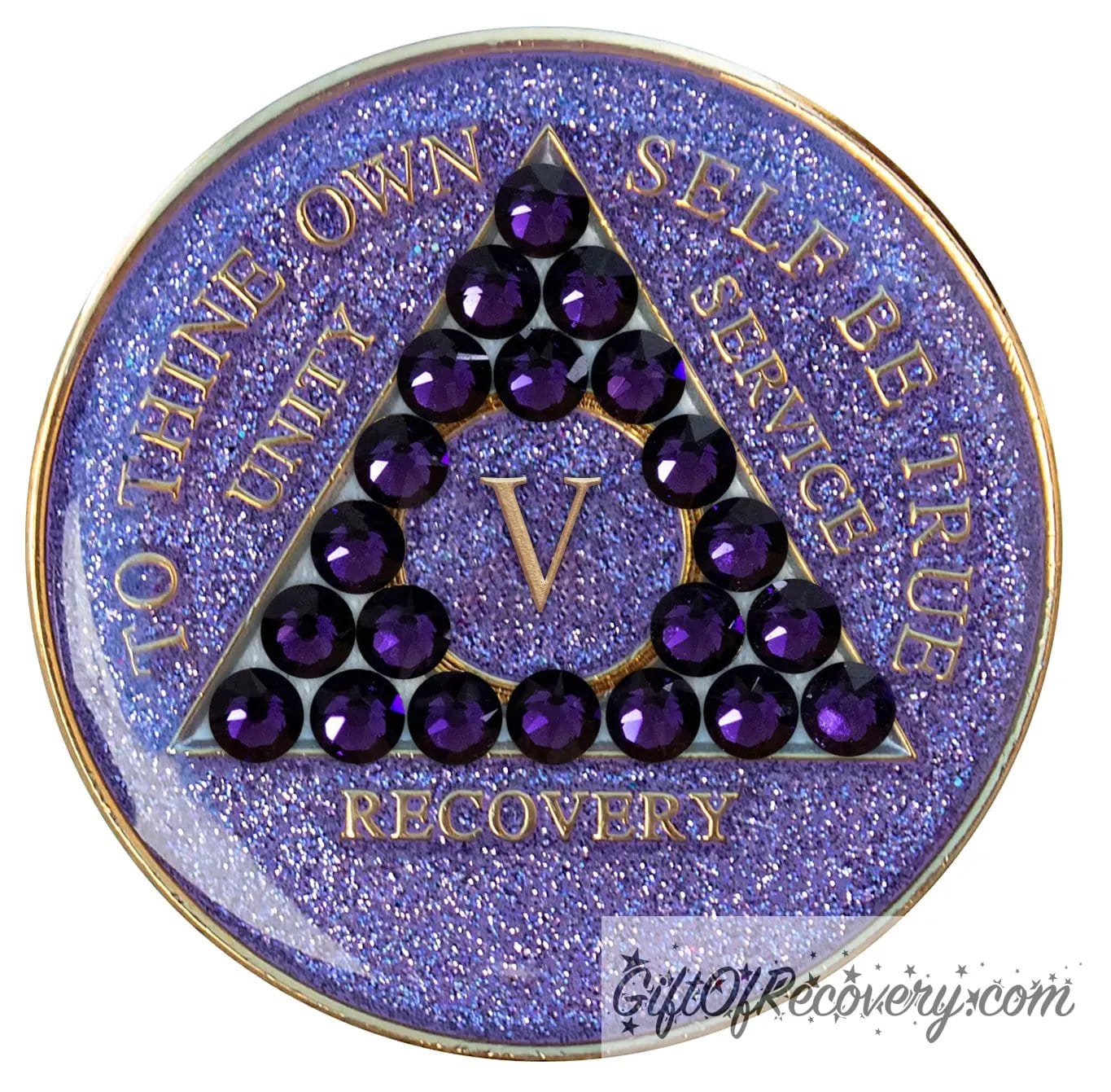 Sobriety Chip AA Purple Velvet Bling Crystallized Glitter Purple Triplate 5