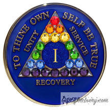 Load image into Gallery viewer, Sobriety Chip AA Rainbow Bling Crystallized Blue Triplate 1
