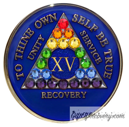 Sobriety Chip AA Rainbow Bling Crystallized Blue Triplate 15