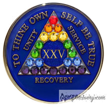 Load image into Gallery viewer, Sobriety Chip AA Rainbow Bling Crystallized Blue Triplate 25
