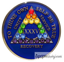 Load image into Gallery viewer, Sobriety Chip AA Rainbow Bling Crystallized Blue Triplate 35
