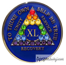 Load image into Gallery viewer, Sobriety Chip AA Rainbow Bling Crystallized Blue Triplate 40
