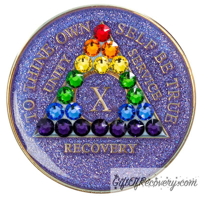 Sobriety Chip AA Rainbow Bling Crystallized Glitter Purple Triplate 10