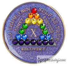 Load image into Gallery viewer, Sobriety Chip AA Rainbow Bling Crystallized Glitter Purple Triplate 10
