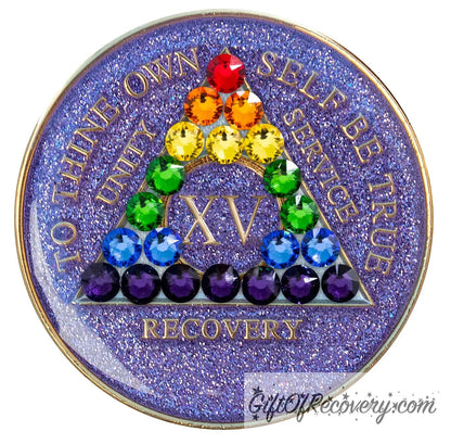 Sobriety Chip AA Rainbow Bling Crystallized Glitter Purple Triplate 15