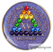 Load image into Gallery viewer, Sobriety Chip AA Rainbow Bling Crystallized Glitter Purple Triplate 15
