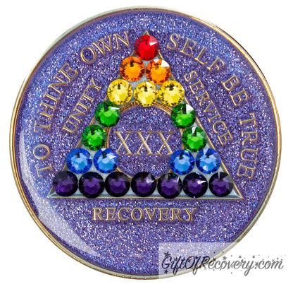 Sobriety Chip AA Rainbow Bling Crystallized Glitter Purple Triplate 30