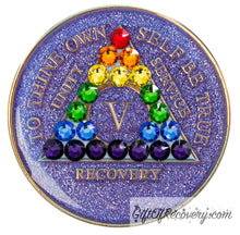 Load image into Gallery viewer, Sobriety Chip AA Rainbow Bling Crystallized Glitter Purple Triplate 5
