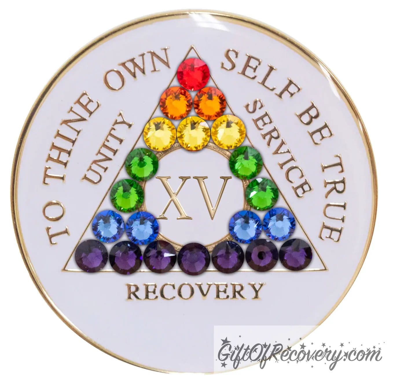 Sobriety Chip AA Rainbow Bling Crystallized White Triplate 15 Years